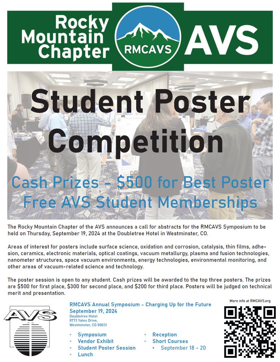 RMCAVS's tweet image. The @RMCAVS Fall Symposium is 2 weeks away!
Student Poster Competition sponsored by @mksinstruments - Cash prizes: $500 for first place, $300 for second place, and $200 for third place.
Full details at: rmcavs.org
#AVS #RMCAVS