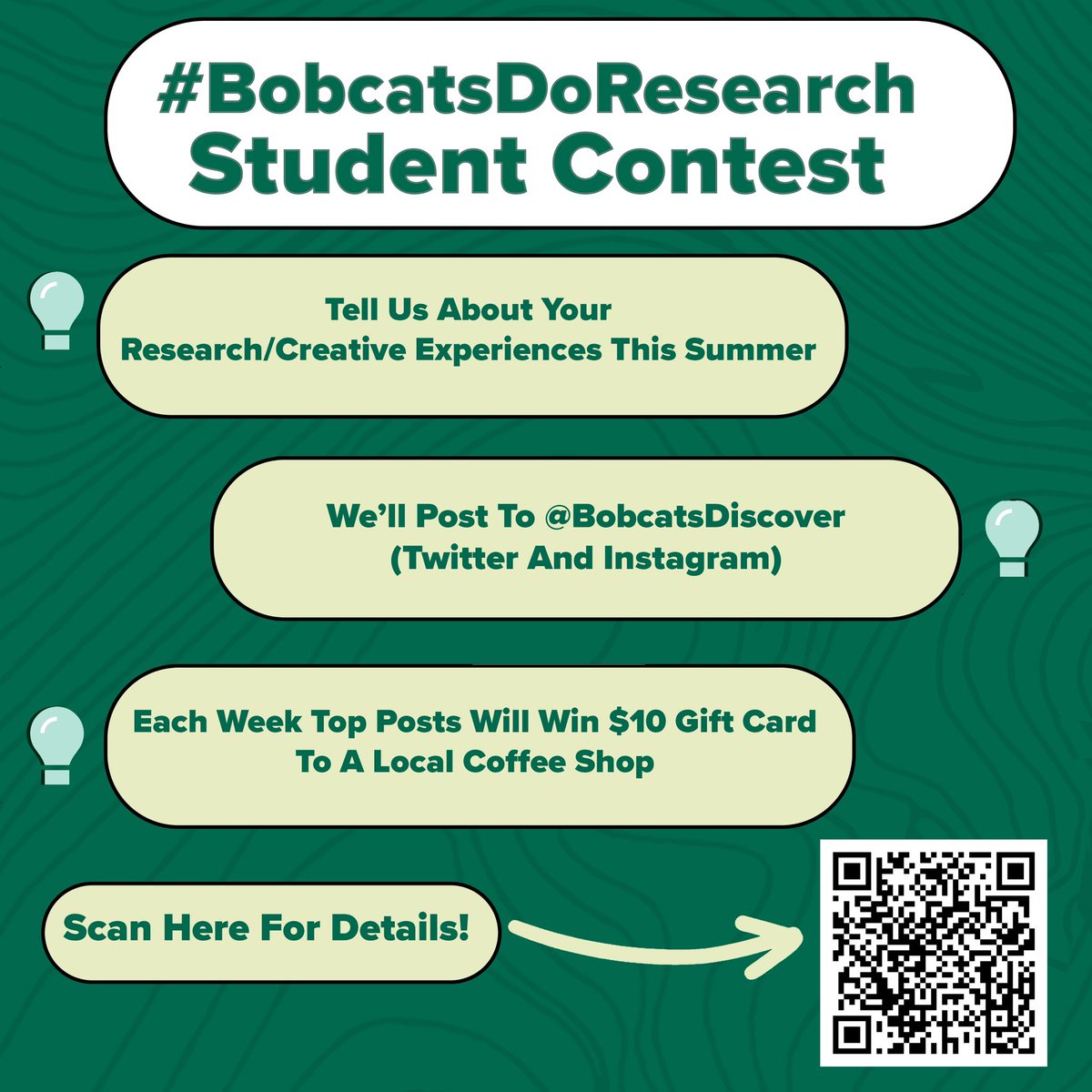 BobcatsDiscover's tweet photo. OHIO Bobcats, share your summer projects with us on @bobcatsdiscover (Twitter/Instagram)! 

Submit up to two projects by Sept. 15. We’ll feature up to 10 posts per week.

Top posts win a $10 coffee shop gift card. 

Make sure to use #BobcatsDoResearch ! https://t.co/GrHlXgr2XO