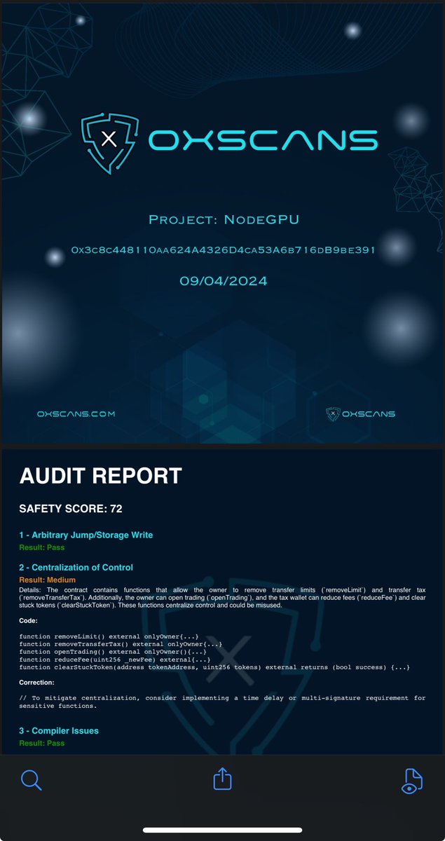 NodeGPU's tweet photo. We have completed the audit of the "NodeGPU" smart contract, and the results confirm that the contract is secure with no significant issues identified. The audit process thoroughly examined the code and functionalities, ensuring that the smart contract adheres to best practices and is free from critical vulnerabilities.

#NGPU #GPU #Audit #Crypto #ETH #BTC