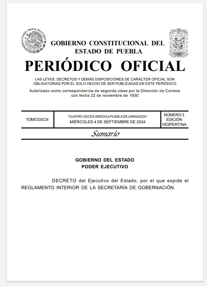 Decreto del Ejecutivo de Estado, por el que expide el "Reglamento Interior de la Secretaría de Gobernación".
🔗👇
periodicooficial.puebla.gob.mx/media/k2/attac…