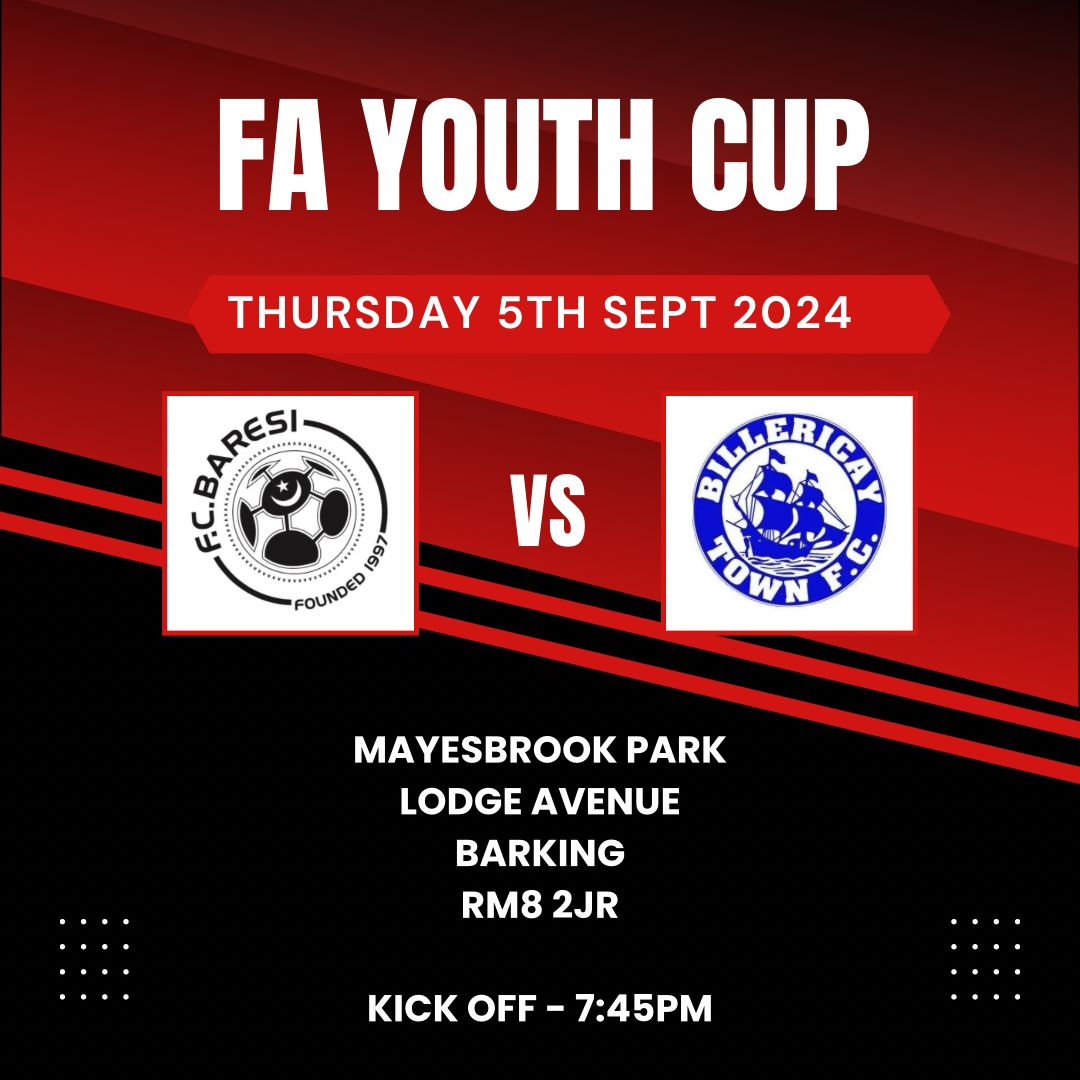 Fc Baresi (@fc_baresi) on Twitter photo Big game for the FC BARESI Youth squad as we welcome <a href="/BTFC/">Billericay Town FC</a> youth for the FA Youth Cup. The match is at <a href="/barkingfc/">Barking FC</a> Mayesbrook Park kick off 7.45pm
#THEFAYOUTHCUP Big game for the FC BARESI Youth squad as we welcome <a href="/BTFC/">Billericay Town FC</a> youth for the FA Youth Cup. The match is at <a href="/barkingfc/">Barking FC</a> Mayesbrook Park kick off 7.45pm
#THEFAYOUTHCUP
