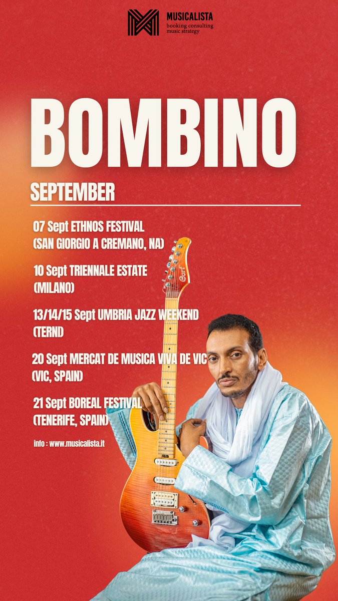 Bombino (@bombinoofficial) on Twitter photo Show dates in Italy and Spain coming up this month!
Tickets and more info here: bombinomusic.com/tour
<a href="/EthnosF/">Ethnos Festival</a>
<a href="/triennalemilano/">Triennale Milano</a>
<a href="/UmbriaJazz_OFC/">Umbria Jazz</a>
<a href="/MercatMusicaVic/">MMVV</a>
<a href="/FestivalBoreal/">Festival Boreal</a>
<a href="/musica_lista/">Musicalista</a> Show dates in Italy and Spain coming up this month!
Tickets and more info here: bombinomusic.com/tour
<a href="/EthnosF/">Ethnos Festival</a>
<a href="/triennalemilano/">Triennale Milano</a>
<a href="/UmbriaJazz_OFC/">Umbria Jazz</a>
<a href="/MercatMusicaVic/">MMVV</a>
<a href="/FestivalBoreal/">Festival Boreal</a>
<a href="/musica_lista/">Musicalista</a>