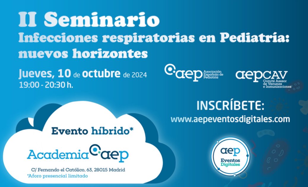 Antonio Iofrío (@antonioiofrio) on Twitter photo Encantado de participar el 10 de octubre en el II Seminario: "Infecciones respiratorias en Pediatría: nuevos horizontes".
Evento híbrido organizado por <a href="/aepediatria/">AEP</a> Con <a href="/luciagranados82/">Lucía López Granados</a> <a href="/IgnSalamanca/">Ignacio Salamanca</a> y el Prof. Ruiz Contreras. Modera <a href="/FranAlvarez2009/">Fran Alvarez</a>
aepeventosdigitales.com/courses/info/9… Encantado de participar el 10 de octubre en el II Seminario: "Infecciones respiratorias en Pediatría: nuevos horizontes".
Evento híbrido organizado por <a href="/aepediatria/">AEP</a> Con <a href="/luciagranados82/">Lucía López Granados</a> <a href="/IgnSalamanca/">Ignacio Salamanca</a> y el Prof. Ruiz Contreras. Modera <a href="/FranAlvarez2009/">Fran Alvarez</a>
aepeventosdigitales.com/courses/info/9…