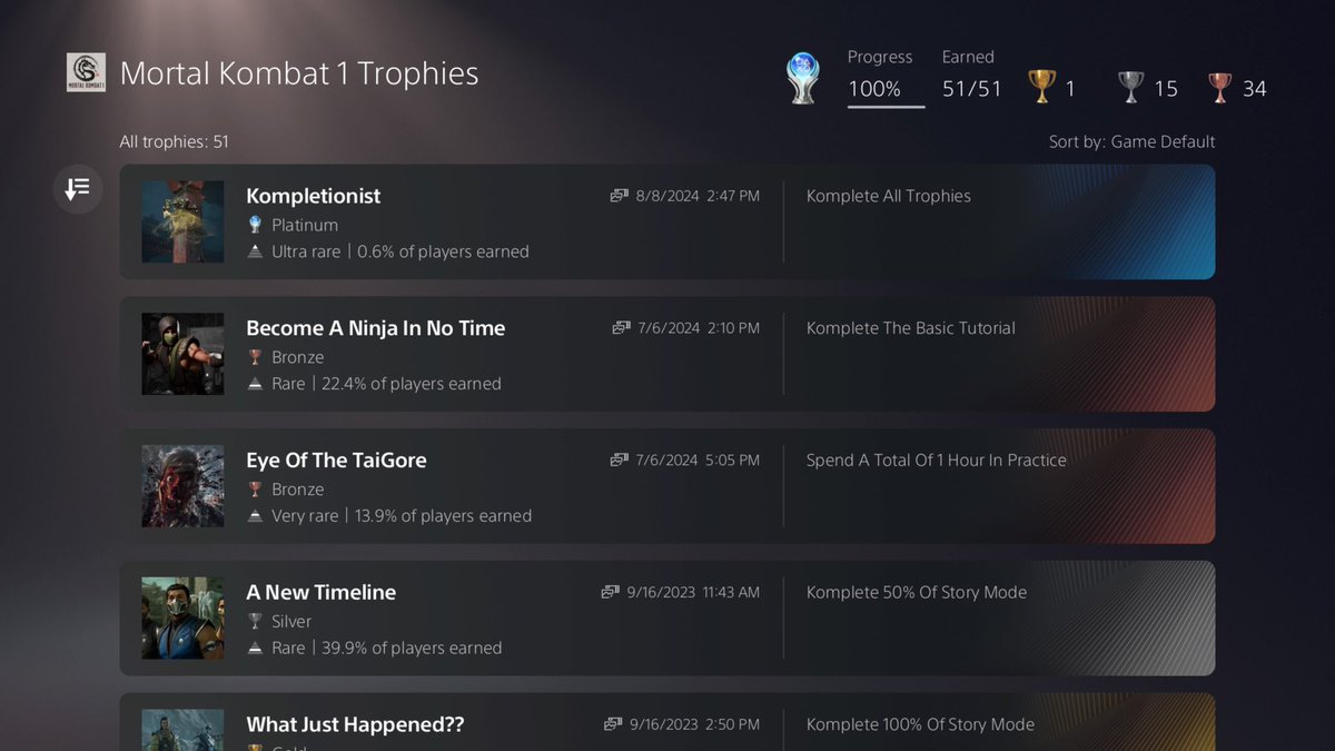 QueenLyric_'s tweet image. I got all the trophies in Mortal Kombat 1 😁 #PS5 #MK1 #MortalKombat1