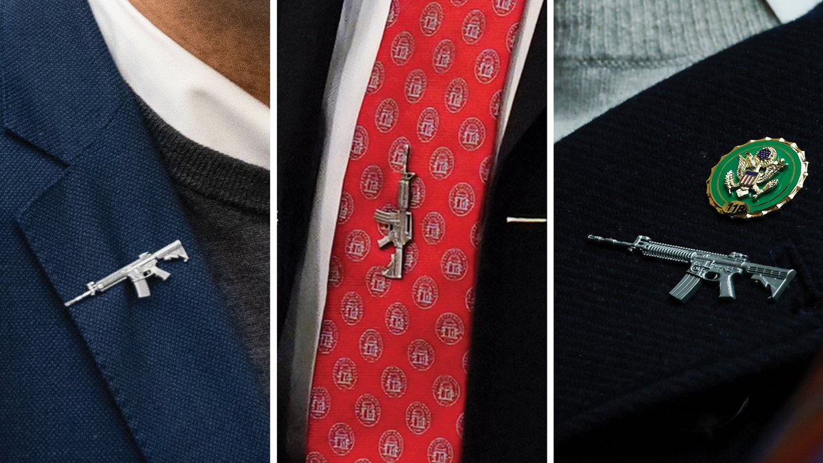 middleageriot's tweet image. Republicans wear AR-15 pins because they identify more with shooters than victims.