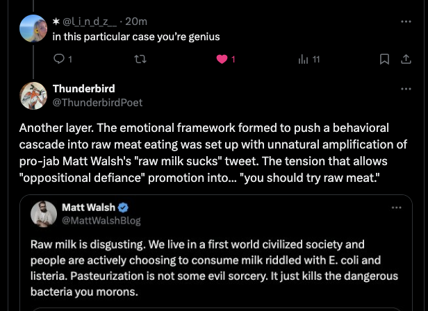 ThunderbirdPoet's tweet image. This "eat raw meat" situation is a good example of how people get hacked into behaviors that serve the interests of others without even knowing what's happening. Very sinister. #biohacking #mindhacking