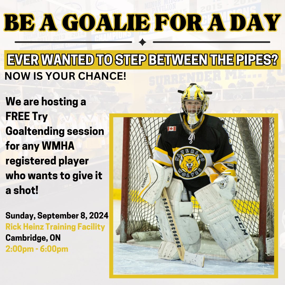 Ever wanted to step between the pipes and try being a goaltender? Here is your chance! 🥅 

We are hosting a Try Goaltending even this Sunday for any WMHA registered player. If you’re interested, visit the link below ⬇️ 

waterloominorhockey.com/Articles/42527…