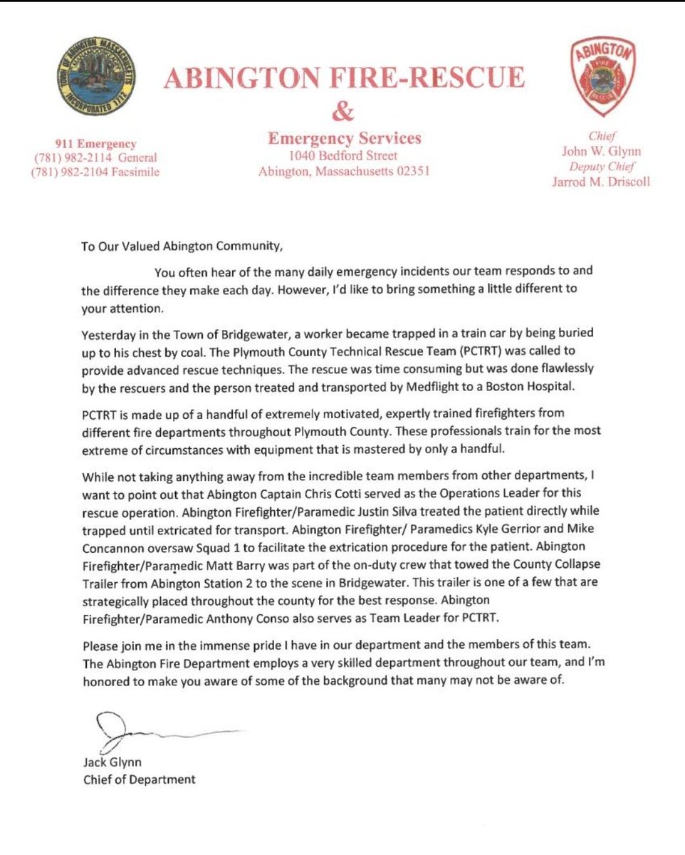 A Message From the Chief of Department regarding yesterday's incident in Bridgewater. Our <a href="/PCTRT/">Plymouth County TRT</a> members were on scene to help facilitate a successful rescue operation.