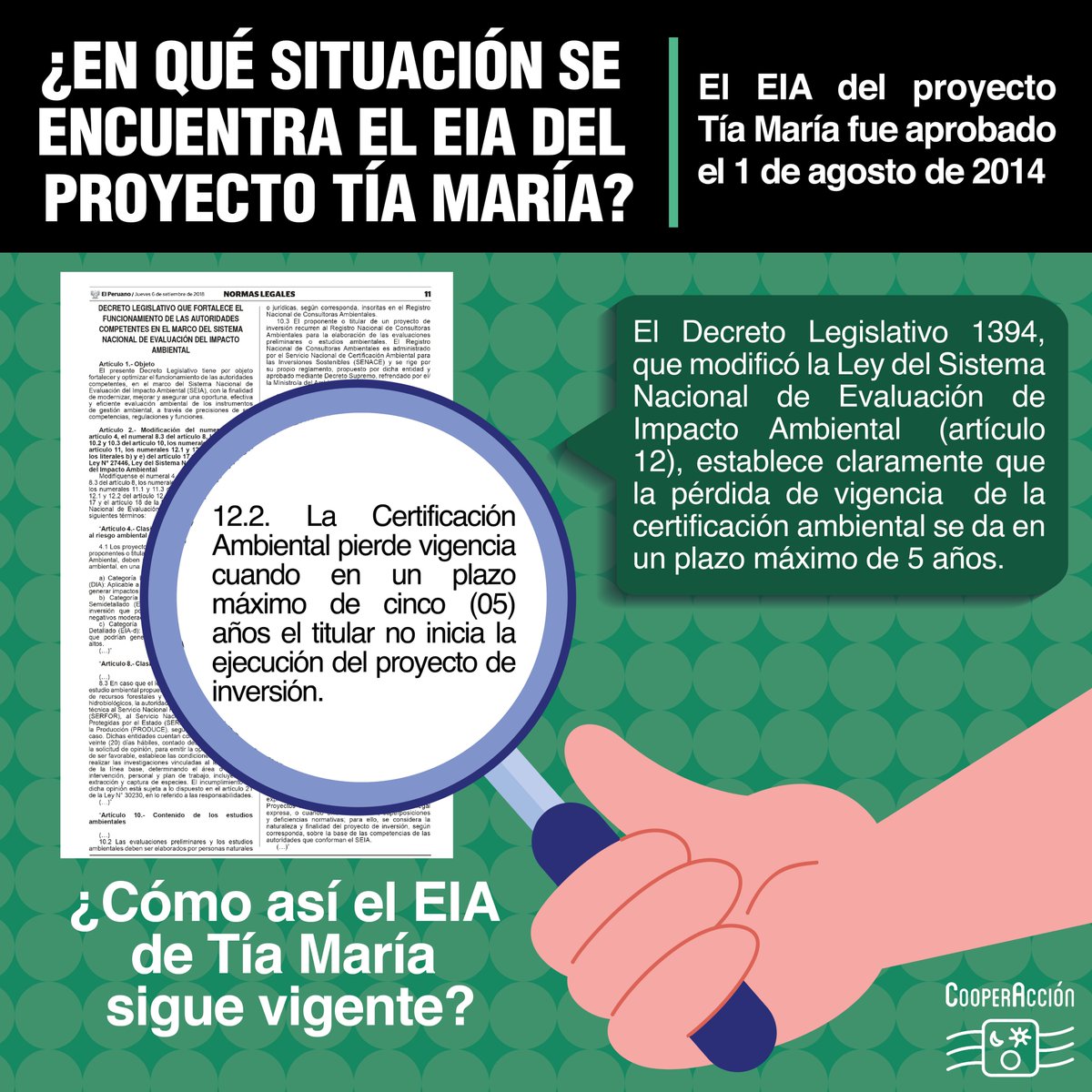 📆💭 ¿Cómo sigue vigente el EIA del proyecto #TíaMaria si fue aprobado hace 10 años? El Decreto Legislativo 1394 establece que la certificación ambiental vence en 5 años. ¿Qué está sucediendo? Necesitamos respuestas. 🔍⚠️
