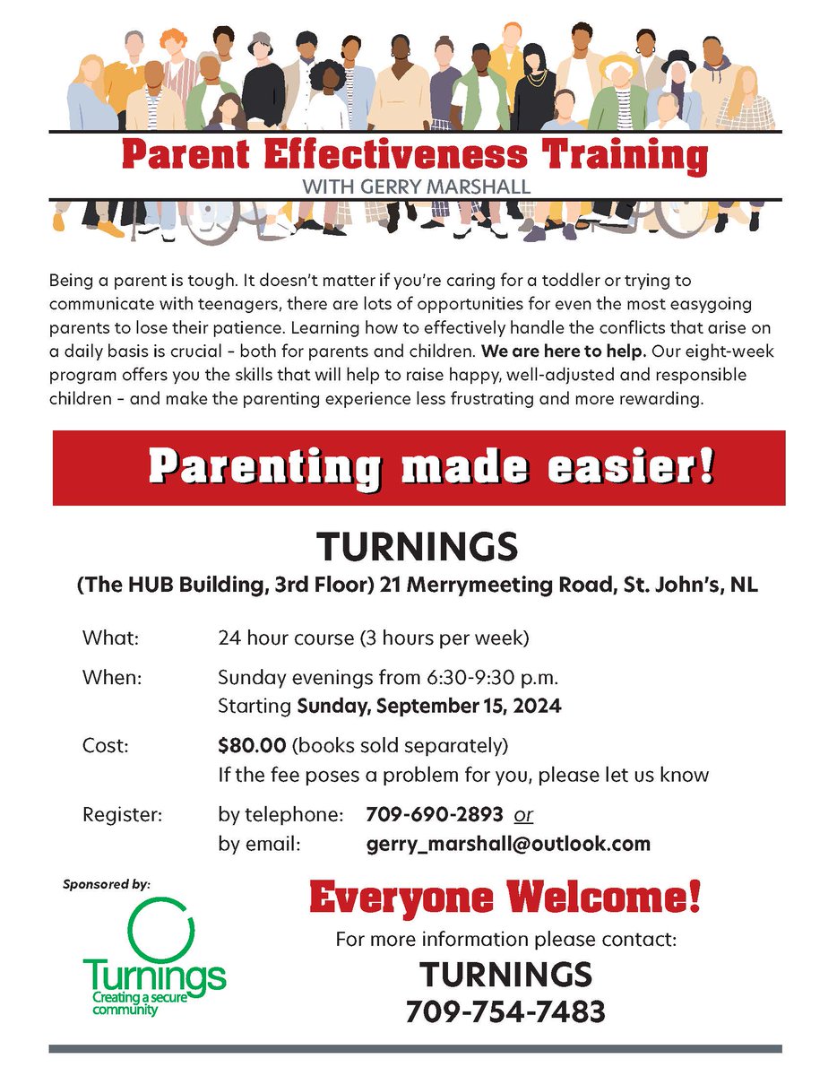 fasdNL Team (@fasdnl_team) on Twitter photo Turnings has a new 8-week parenting program!
🗓️ Sundays, 6:30-9:30 p.m.
📅 Starts September 15, 2024
💵 $80 (books not included)
The HUB Building, 21 Merrymeeting Rd, St. John's, NL
For more info or to register, contact:
📞 709-754-7483
📧 gerry_marshall@outlook.com Turnings has a new 8-week parenting program!
🗓️ Sundays, 6:30-9:30 p.m.
📅 Starts September 15, 2024
💵 $80 (books not included)
The HUB Building, 21 Merrymeeting Rd, St. John's, NL
For more info or to register, contact:
📞 709-754-7483
📧 gerry_marshall@outlook.com