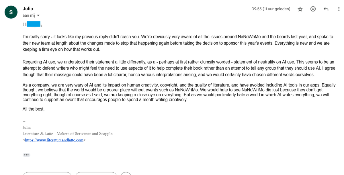 OUCH. This one... hurts.

A concerned user got a response from <a href="/ScrivenerApp/">Scrivener</a>. 

They have no plans to withdraw their sponsorship for #NaNoWriMo, even going as far to defend them.

Note the font difference in the last paragraph - it's a copy-paste from another document.