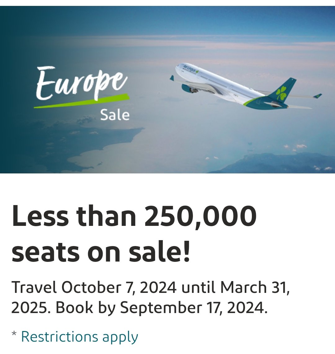 IrelandWeek (@irelandweek) on Twitter photo Full of Back to School blues? Here's something from our fab partners <a href="/AerLingus/">Aer Lingus</a> to lift the spirits! European Sale on now!
Great fares to Ireland & Europe
Travel Oct 7 – Mar 31, 2025
Act fast; less than 250,000 seats available
Book by Sep. 17th at aerlingus.com Full of Back to School blues? Here's something from our fab partners <a href="/AerLingus/">Aer Lingus</a> to lift the spirits! European Sale on now!
Great fares to Ireland & Europe
Travel Oct 7 – Mar 31, 2025
Act fast; less than 250,000 seats available
Book by Sep. 17th at aerlingus.com