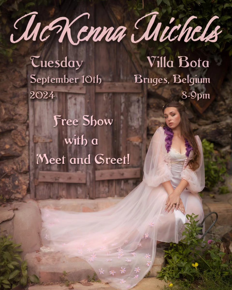 McKenna Michels (@mckennammusic) on Twitter photo SOOO last minute but an exciting surprise, I'll be playing a headline show NEXT WEEK <a href="/villabota/">Villa Bota</a> !!! It's a FREE show, so no ticket necessary! I can't wait to see you there 📷📷
📷 <a href="/carsonnicely/">Carson Nicely</a>
#Belgium #Bruges #SingerSongwriter #Tour #Musician SOOO last minute but an exciting surprise, I'll be playing a headline show NEXT WEEK <a href="/villabota/">Villa Bota</a> !!! It's a FREE show, so no ticket necessary! I can't wait to see you there 📷📷
📷 <a href="/carsonnicely/">Carson Nicely</a>
#Belgium #Bruges #SingerSongwriter #Tour #Musician