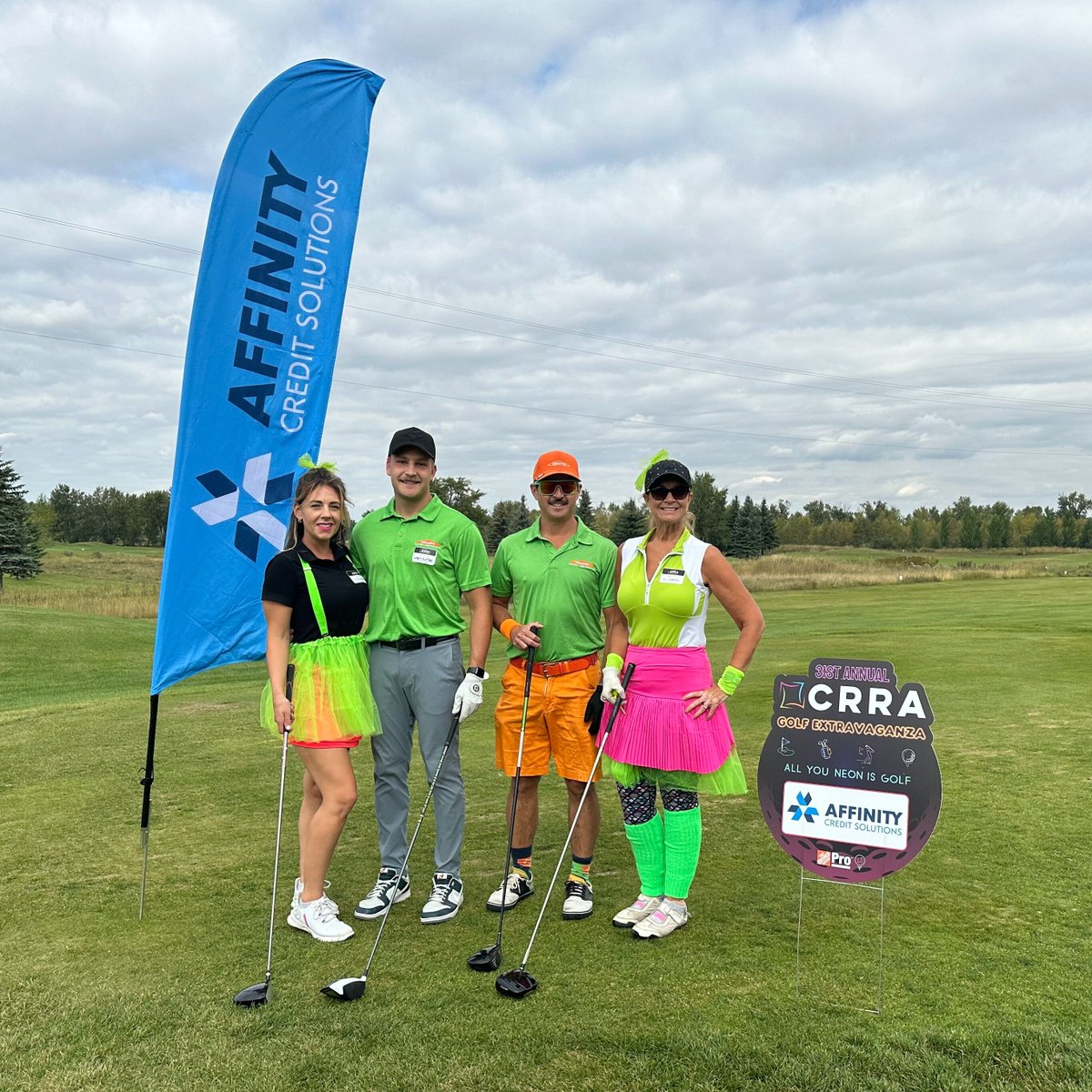 Team 7 at Affinity Credit's sponsored hole during the CRRA Golf Tournament in Calgary. 🏌️‍♂️⛳ Loving the bright outfits and the energy on the course today!