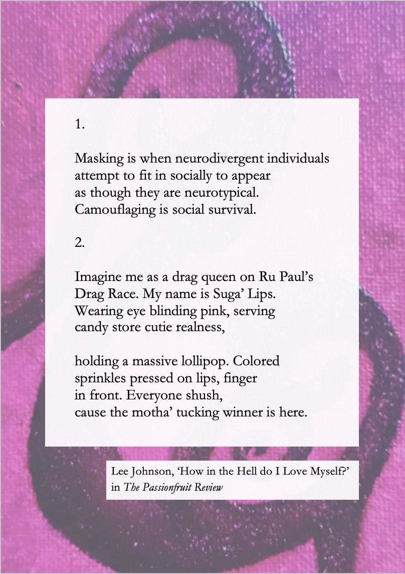 The Passionfruit Review (@passionfruitlit) on Twitter photo 'How in the Hell do I Love Myself?' by Lee Johnson
Read the rest of this poem in Issue 11: passionfruitreview.com/how-in-the-hel… 'How in the Hell do I Love Myself?' by Lee Johnson
Read the rest of this poem in Issue 11: passionfruitreview.com/how-in-the-hel…