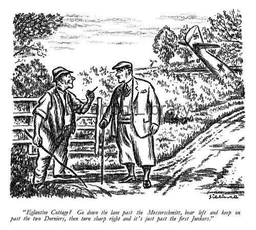 RealTimeWWII's tweet photo. The south of England is littered with crashed planes, German &amp; British alike. UK humorous magazine Punch addresses the issue: "Eglantine Cottage? Go down the lane past the Messerschmitt, bear left past the two Dorniers, then sharp right &amp; it's just past the first Junkers." https://t.co/kYIv5hbCNi