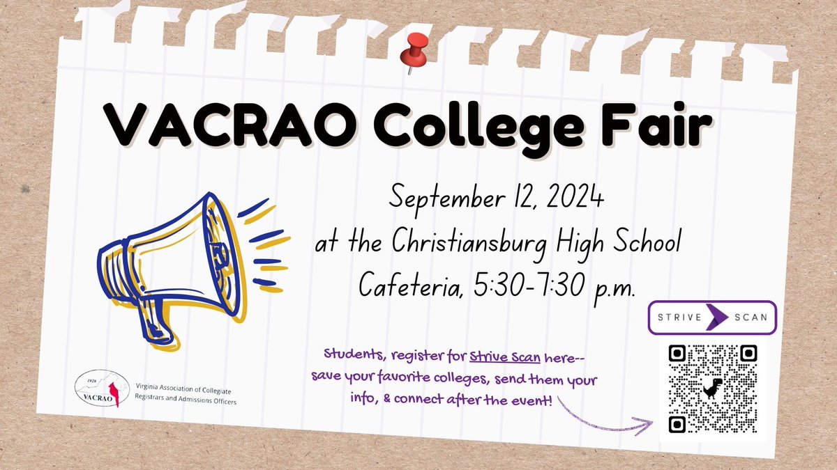 ATTENTION CHS STUDENTS &amp; FAMILIES!!!

CHS will be hosting the annual VACRAO College Fair on Thursday, September 12 from 5:30 - 7:30 pm.   

Students and families may park in the gymnasium lot, auditorium lot, new bus lop, gravel lot, and/or back car rider loop lot.