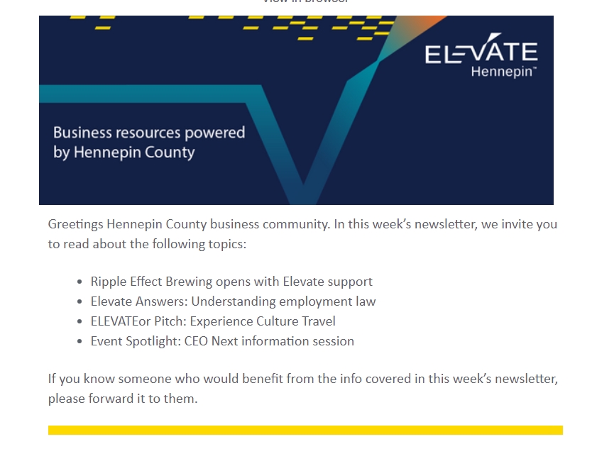 The latest Elevate Hennepin newsletter is out today!  

Subscribe to get amazing opportunities, no-cost event information, inspiration, and more in your inbox every two weeks. 

content.govdelivery.com/accounts/MNHEN…
