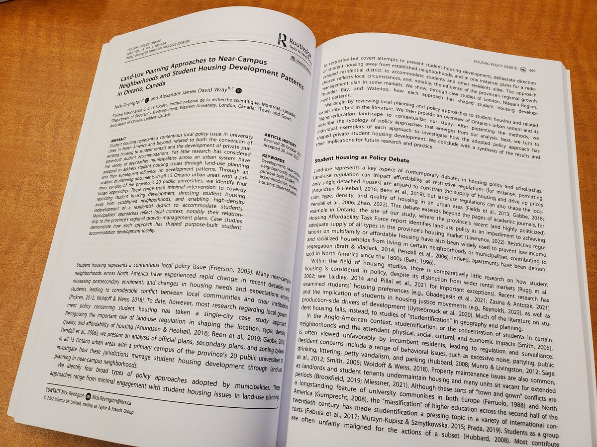 Timely that this arrived on my desk in the first week of the school year: a physical copy (!!!) of my article w/ <a href="/WrayAJ/">AJ Wray, PhD</a> in the <a href="/HousPolDebate/">Housing Policy Debate</a> Special Issue on student housing. We look at how municipalities in Ontario approach planning for students in near-campus neighbourhoods.
