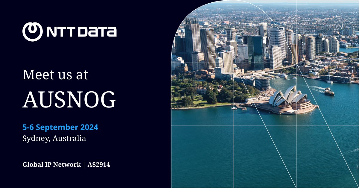 GinNTTnet's tweet photo. Our Global IP Network #AS2914 team at @nttdata_inc is attending #AUSNOG. Please DM us to schedule a meeting. We look forward to seeing clients, colleagues and industry peers in #Sydney 🦘🐨🪃. More details at https://t.co/cD4nLbxVy5. 

#NTTDATA #globalipnetwork #networkoperator https://t.co/jVii3yrlFQ