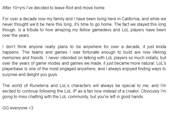 L4T3NCY_'s tweet photo. After 10+yrs I’ve decided to leave Riot and move home. <3

Time for a thread of fun stuff I remember over the past decade! https://t.co/NQHjyMtmGS