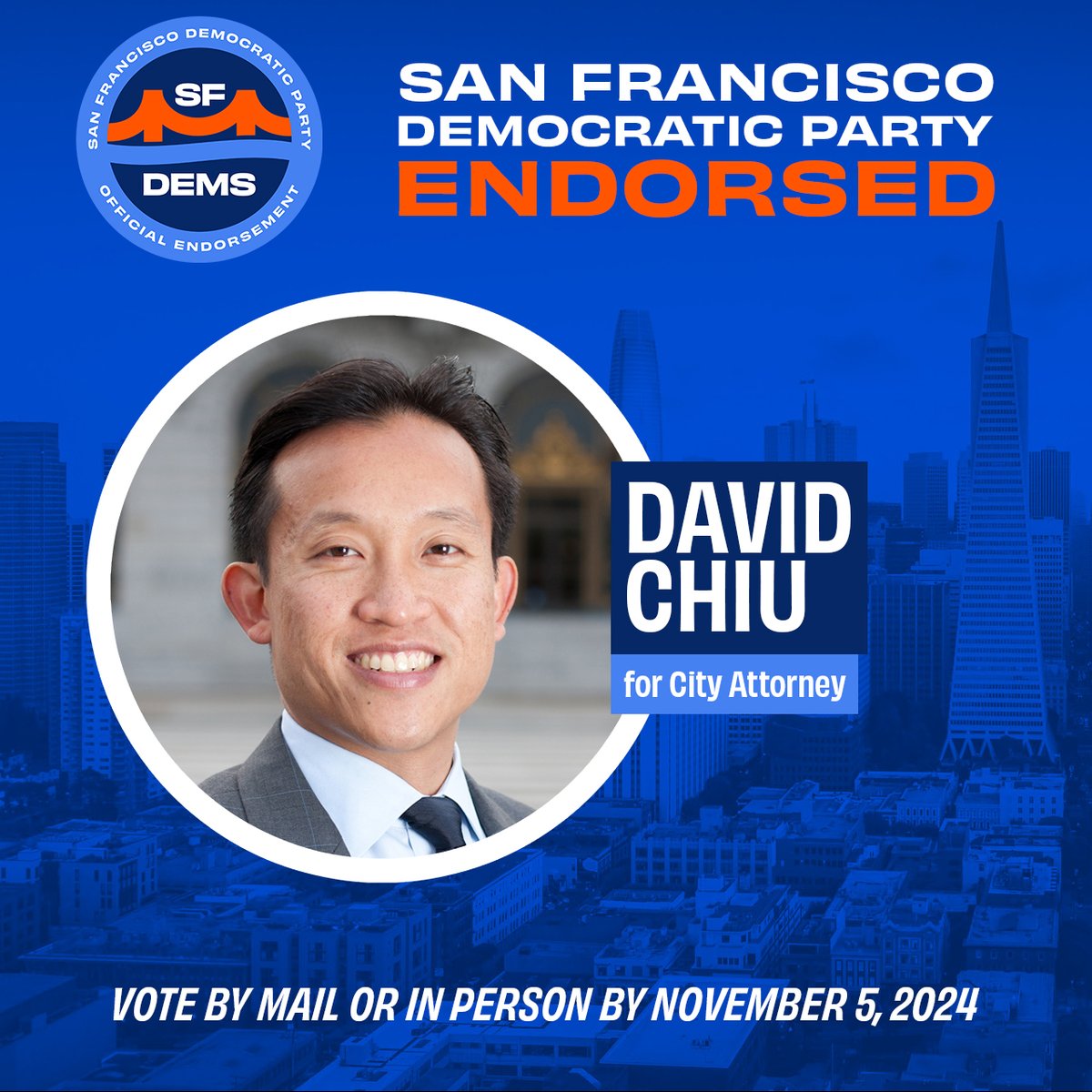 For City Attorney, the San Francisco Democratic Party endorses David Chiu.

As our City Attorney since 2021, David has been fighting hard to hold powerful interests accountable and to deliver justice for all San Franciscans.
votedavidchiu.com