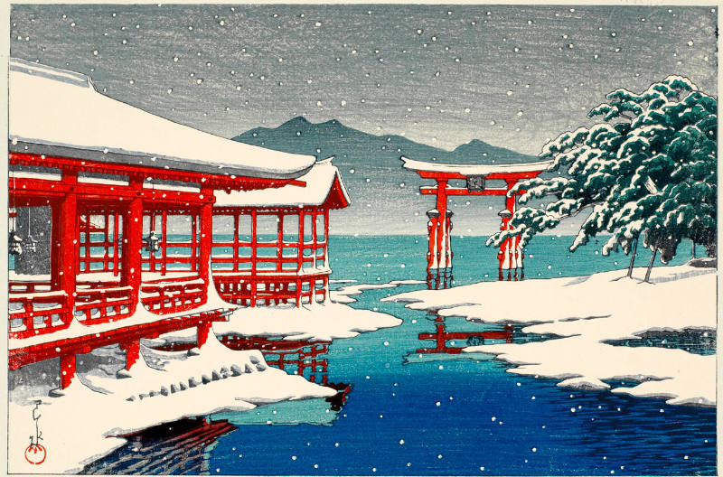 JapanTraCul's tweet photo. Miyajima Shrine in Snow, by Kawase Hasui, ca. 1930 https://t.co/3G2dZWYPCJ