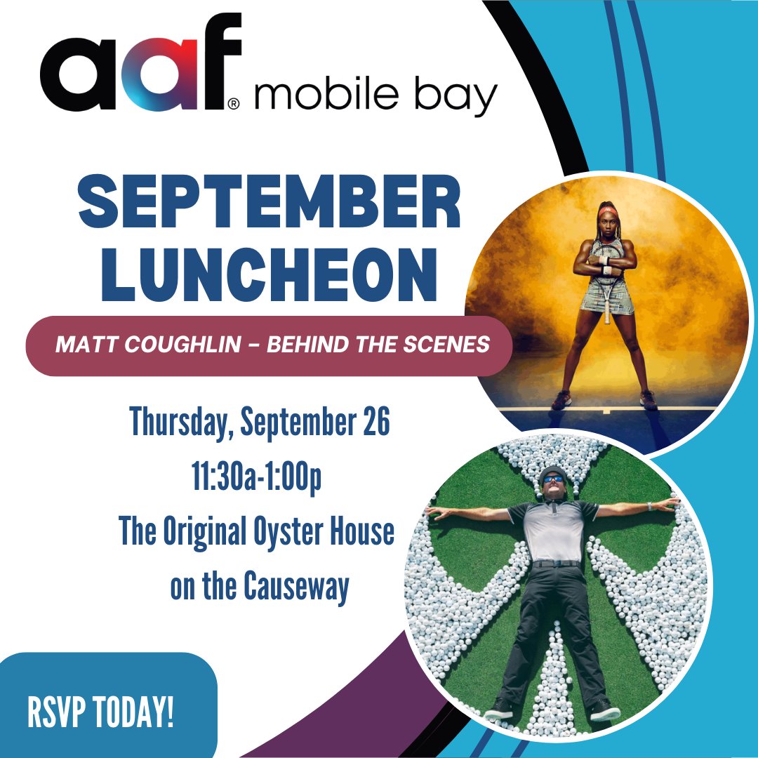 🚨 September luncheon: Behind the Scenes with Matt Coughlin 🚨

Join us on Thursday, September 26, from 11:30 AM - 1:00 PM at The Original Oyster House on the Causeway for an exclusive AAF Mobile Bay event with award-winning photographer Matt Coughlin!

 eventbrite.com/e/september-lu…