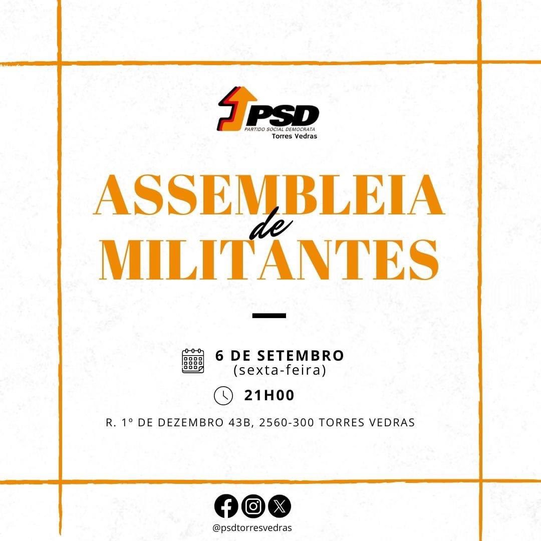 PSDTorresVedras's tweet photo. Conforme publicado no Povo Livre, na próximo sexta-feira (dia 6 de setembro) existirá Assembleia de Militantes, pelas 21h00, na Sede do PSD de Torres Vedras. 

𝗣𝗮𝗿𝘁𝗶𝗰𝗶𝗽𝗮 𝗻𝗼 𝗱𝗲𝗯𝗮𝘁𝗲 𝗲 𝗷𝘂𝗻𝘁𝗮-𝘁𝗲 𝗮 𝗻𝗼́𝘀! https://t.co/wLun8sIwu8