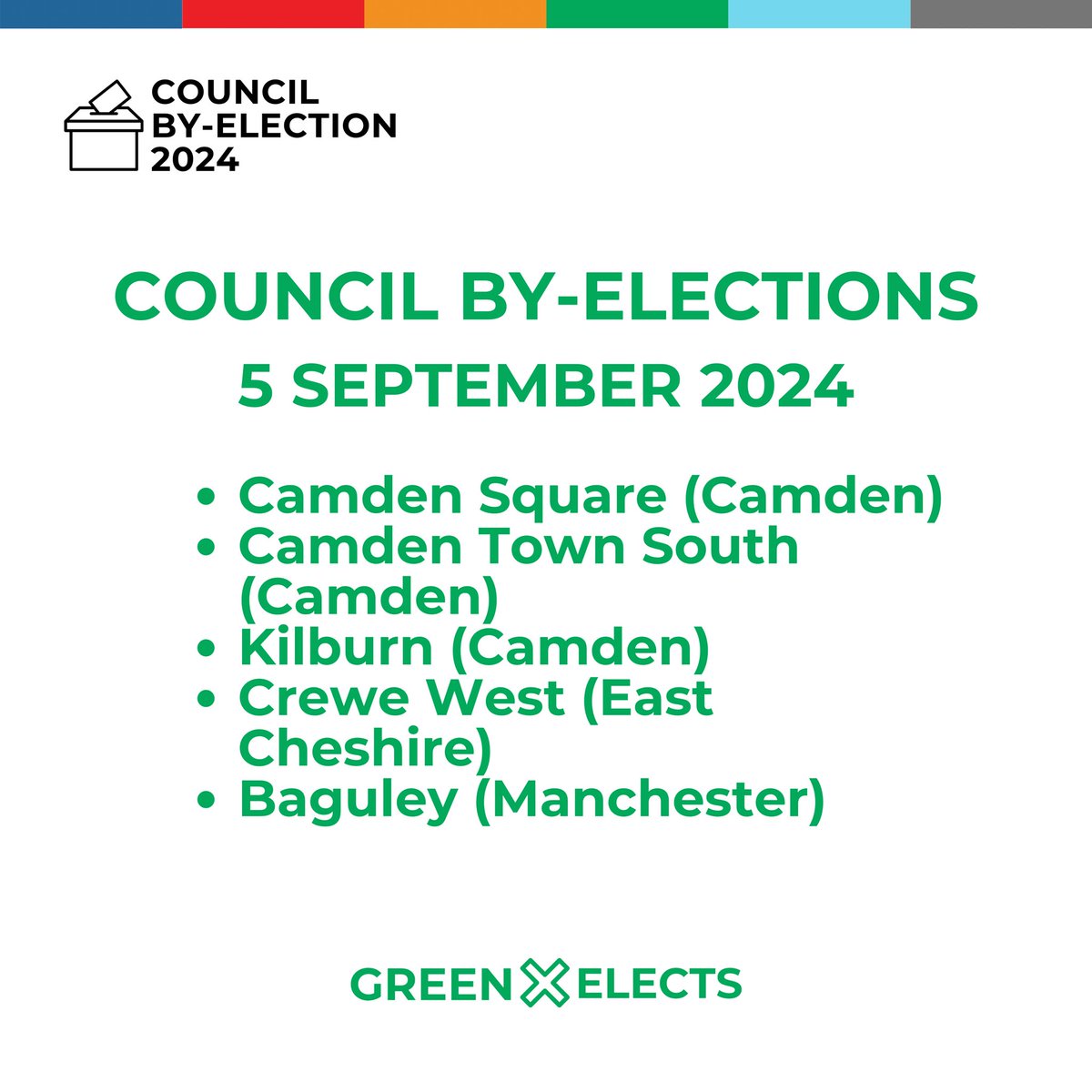 Green Elects (@grnelects) on Twitter photo π 6 by-elections taking place tomorrow
Greens are standing in 5:
β’ Camden Square (Camden)
β’ Kentish Town South (Camden)
β’ Kilburn (Camden)
β’ Crewe West (East Cheshire)
β’ Baguley (Manchester)
#byelection #le2024 <a href="/sianberry/">Sian Berry</a> <a href="/CarolineLucas/">Caroline Lucas</a> <a href="/carla_denyer/">Carla Denyer</a> π 6 by-elections taking place tomorrow
Greens are standing in 5:
β’ Camden Square (Camden)
β’ Kentish Town South (Camden)
β’ Kilburn (Camden)
β’ Crewe West (East Cheshire)
β’ Baguley (Manchester)
#byelection #le2024 <a href="/sianberry/">Sian Berry</a> <a href="/CarolineLucas/">Caroline Lucas</a> <a href="/carla_denyer/">Carla Denyer</a>