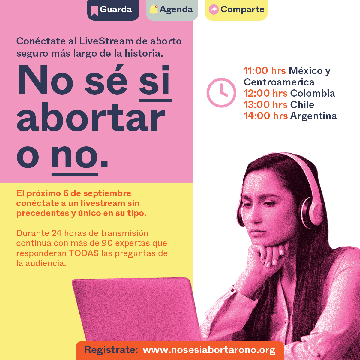 Te esperamos este 6 de septiembre a partir de las 11 hrs (CDMX) en estas 24 horas de transmisión continua.   🎥🌐 Aparta la fecha y regístrate en nosesiabortarono.org Hay información que debe ser compartida, y la invitación a este live es una de ellas.

#NoSeSiAb0rtaroNo