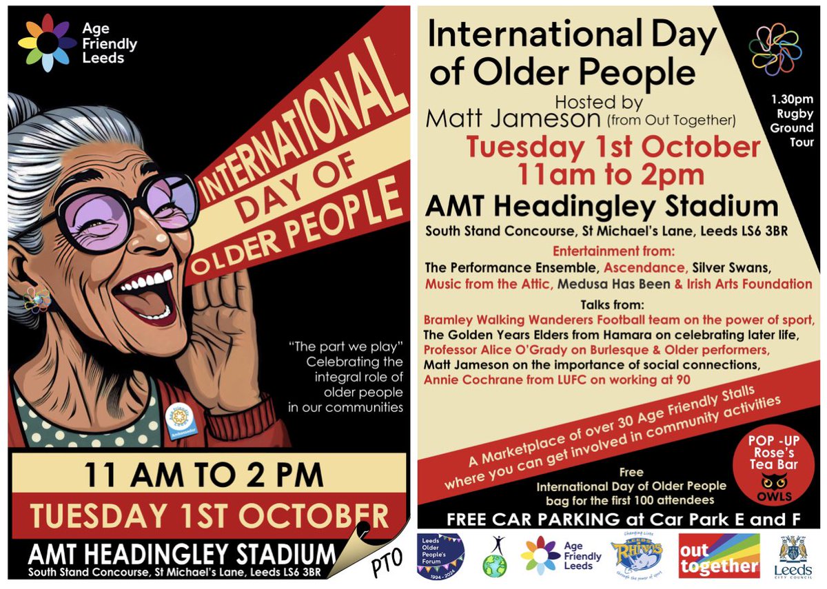 Leeds Older People's Forum (@leedsopf) on Twitter photo International Day of Older People Event! Join us on Tuesday 1st of October from 11am to 2pm at the South Stand Concourse at <a href="/HeadingleyStad/">Headingley Stadium</a> Hosted by Matt Jameson from <a href="/OutTogetherLGBT/">OutTogetherLGBT</a> 40+ Stalls. FREE Entry. Talks & Performances. Learn what’s happening in <a href="/AgeFriendlyLDS/">Age Friendly Leeds</a> !! International Day of Older People Event! Join us on Tuesday 1st of October from 11am to 2pm at the South Stand Concourse at <a href="/HeadingleyStad/">Headingley Stadium</a> Hosted by Matt Jameson from <a href="/OutTogetherLGBT/">OutTogetherLGBT</a> 40+ Stalls. FREE Entry. Talks & Performances. Learn what’s happening in <a href="/AgeFriendlyLDS/">Age Friendly Leeds</a> !!