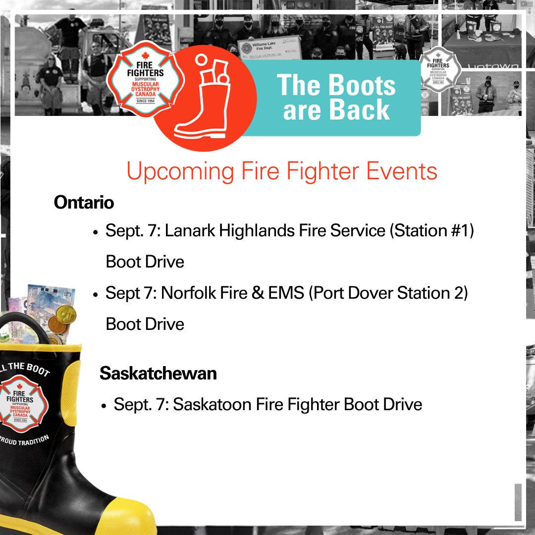MD_Canada's tweet photo. This week, Fire Fighters are hosting boot drives to raise critical funds and awareness for Muscular Dystrophy Canada. Come #FillTheBoot in your area, and help our Fire Fighter partners make a difference for Canadians affected by #NeuromuscularDisorders.

 https://t.co/S1z1FCTHWz https://t.co/b3KLcTsHJU