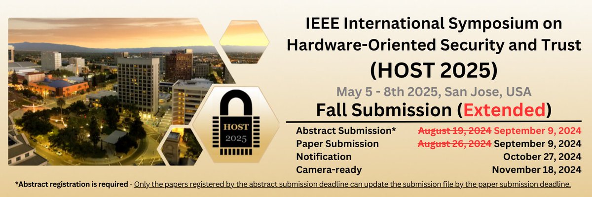 ComputerSociety's tweet image. Calling all #hardwaresecurity experts! @HostIeee is expanding to a two-track program! A two-track program will facilitate increased participation at HOST from #academia #industry #government.
Full Papers due: 9 Sep, 2024 bit.ly/3Xur3HC  
#CyberSecurity #CallForPapers