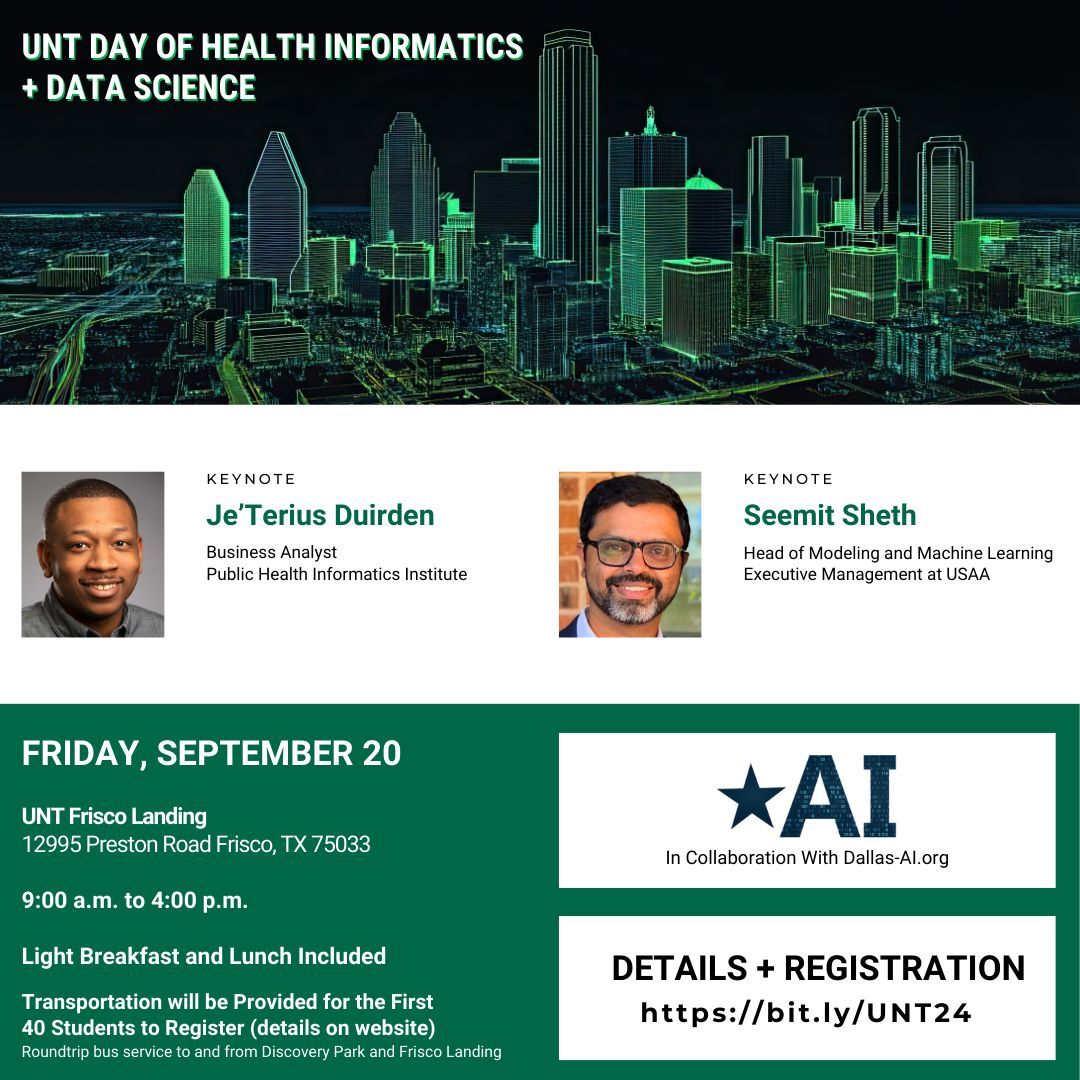 Join us for the Day of Health Informatics and Data Science, an exciting event hosted by the College of Information (COI), Department of Information Science, the Health Informatics Student Organization, and the UNT Data Science Organization. buff.ly/3B39dTe