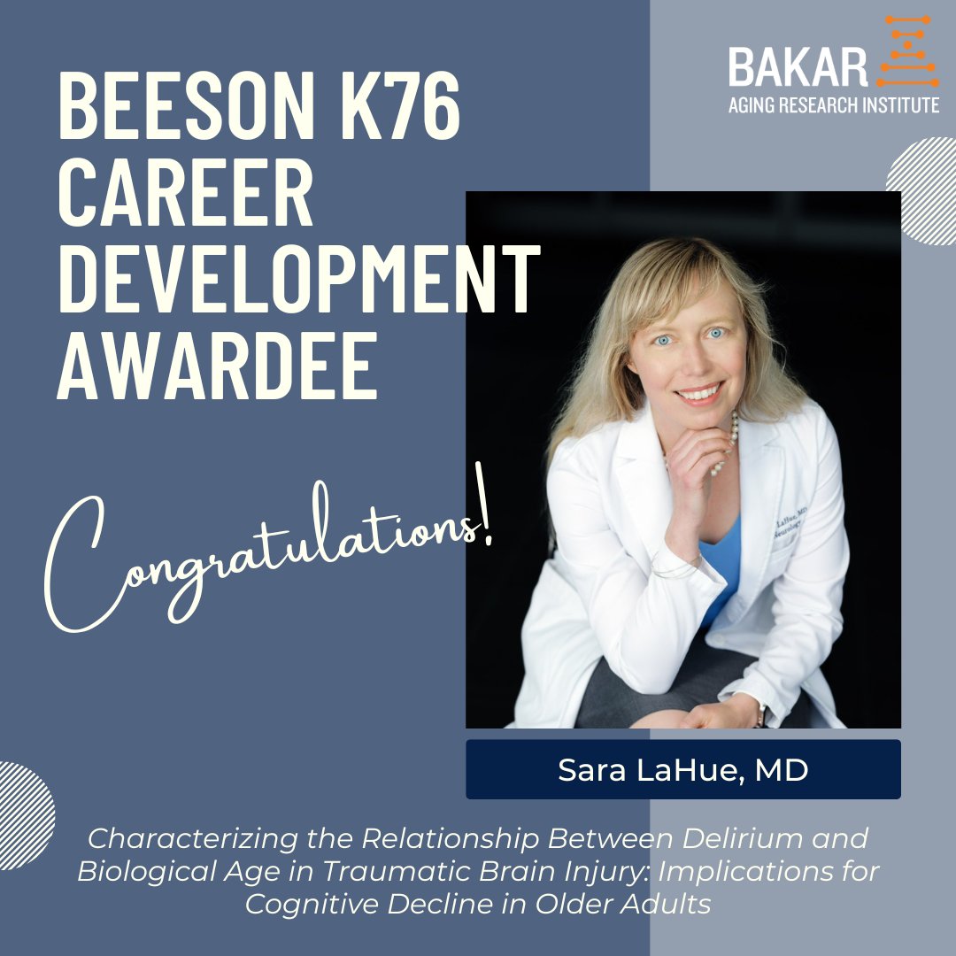 UCSF Bakar Aging Research Institute (@ucsfaging) on Twitter photo We'd like to congratulate Dr. @saralahue for receiving the <a href="/NIHAging/">The National Institute on Aging (NIA)</a> Paul B. Beeson Emerging Leaders Career Development Award! Her studies aim to determine the mechanistic links between biological age, delirium, and traumatic brain injury. We'd like to congratulate Dr. @saralahue for receiving the <a href="/NIHAging/">The National Institute on Aging (NIA)</a> Paul B. Beeson Emerging Leaders Career Development Award! Her studies aim to determine the mechanistic links between biological age, delirium, and traumatic brain injury.
