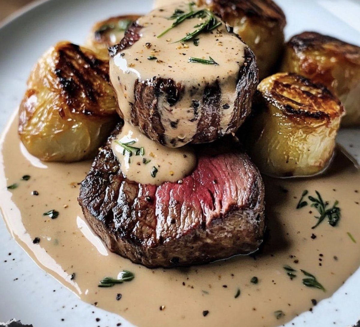 FoodPleaser's tweet image. Filet w/ Shallot Peppercorn Sauce 🥩