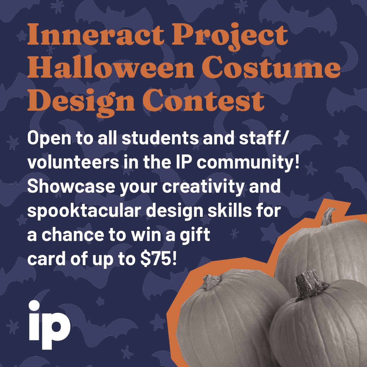 InneractProject's tweet image. 🎃 Announcing the IP Halloween Costume Design Contest! 🎃
IP students, staff, and volunteers: Showcase your spooktacular skills for a chance to win a gift card! 🎨💳
1️⃣Design + create your costume
2️⃣Email a pic + description to volunteer@inneractproject.org
Full details below!