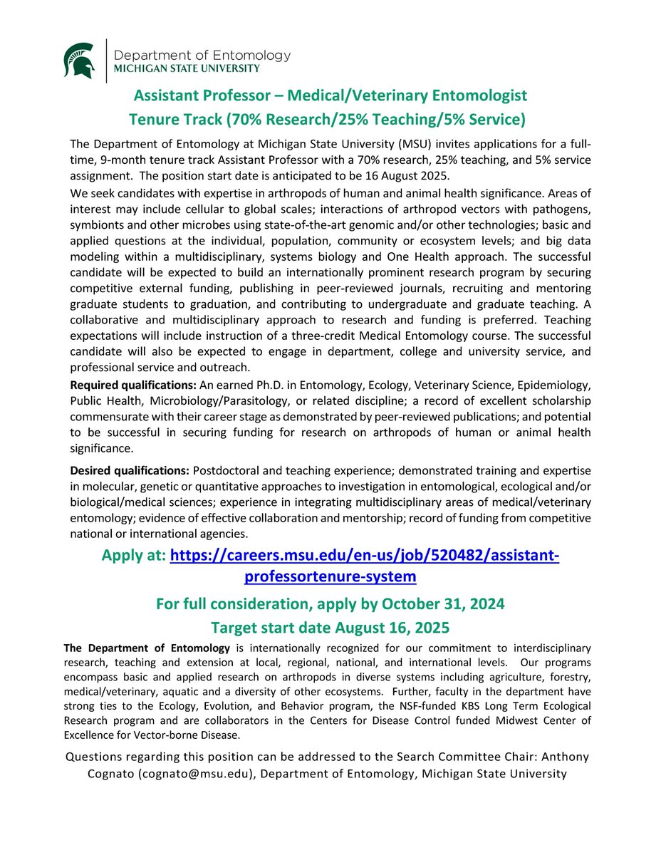 The MSU Entomology Department is excited to share that we are recruiting an Assistant Professor of Medical and Veterinary Entomology. View the position posting here: careers.msu.edu/en-us/job/5204…

Apply by Oct 31 for full consideration.