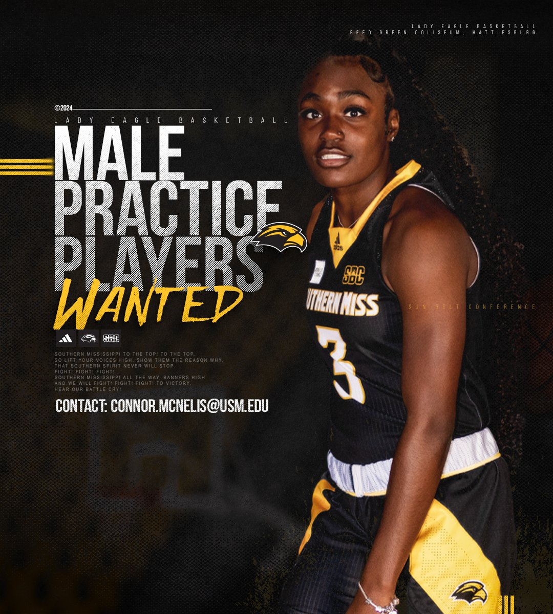 Southern Miss Lady Eagle Basketball (@southernmisswbb) on Twitter photo ๐ฃ๐ฅ๐๐๐ง๐๐๐ ๐ฃ๐๐๐ฌ๐๐ฅ๐ฆ
If you or someone you know is interested in joining the Lady Eagles as a male practice player, contact assistant coach Connor McNelis at connor.mcnelis@usm.edu
#McNelisStrong | #SMTTT ๐ฃ๐ฅ๐๐๐ง๐๐๐ ๐ฃ๐๐๐ฌ๐๐ฅ๐ฆ
If you or someone you know is interested in joining the Lady Eagles as a male practice player, contact assistant coach Connor McNelis at connor.mcnelis@usm.edu
#McNelisStrong | #SMTTT