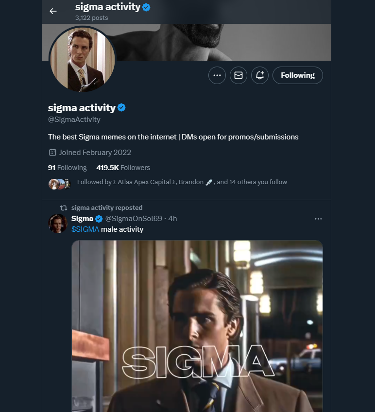 so the largest Sigma-themed page on X (@SigmaActivity) with 420k followers just retweeted $SIGMA

(hearing things)