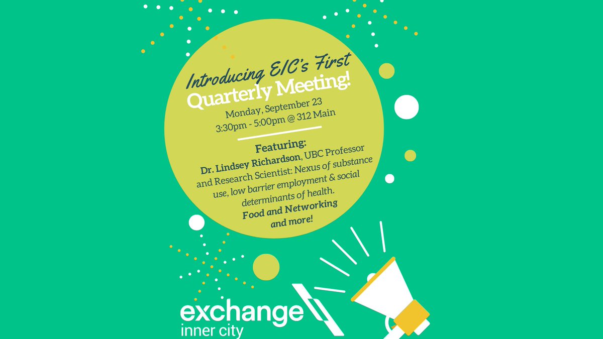 Our NEW EIC Quarterly meetings begin Sept 23, 3:30-5:00pm at 312 Main (in-person) w/guest <a href="/lndsyrchrdsn/">Lindsey Richardson</a> UBC Professor &amp; Research Scientist. This will be an opportunity for us to connect, engage in EIC's priority strategies, and move our agenda forward. RSVP: john@exchangeced.com