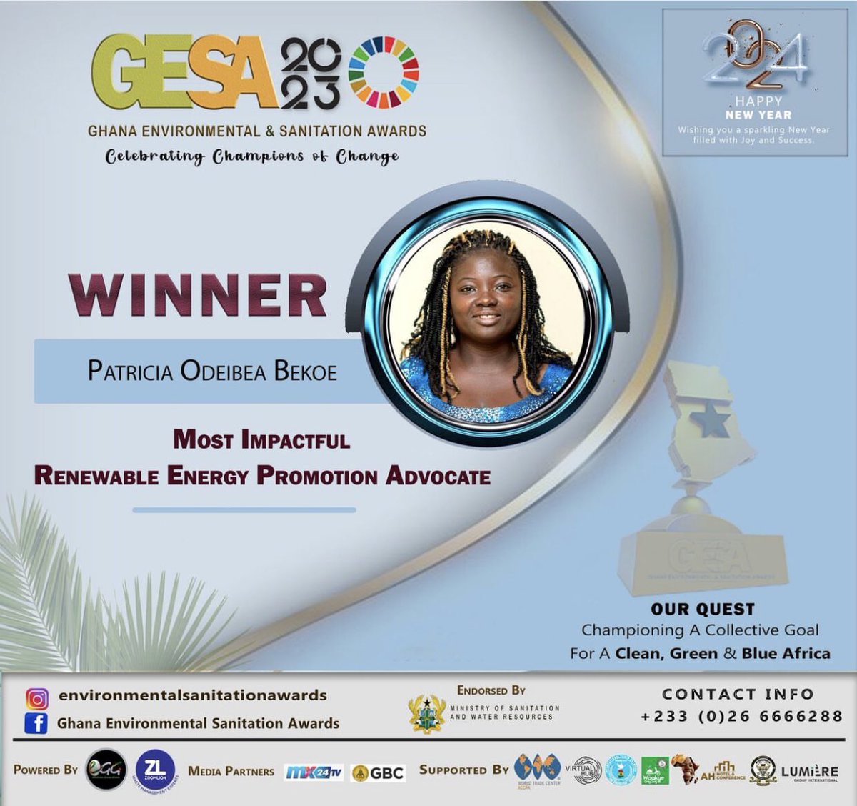 🌟 Thrilled to share that I’ve been honored as the Most Impactful Renewable Energy Promotion Advocate for 2023 at the Ghana Environmental and Sanitation Awards!🌍✨

#RenewableEnergy #Sustainability #ClimateAction #GESAwards #GreenGhana