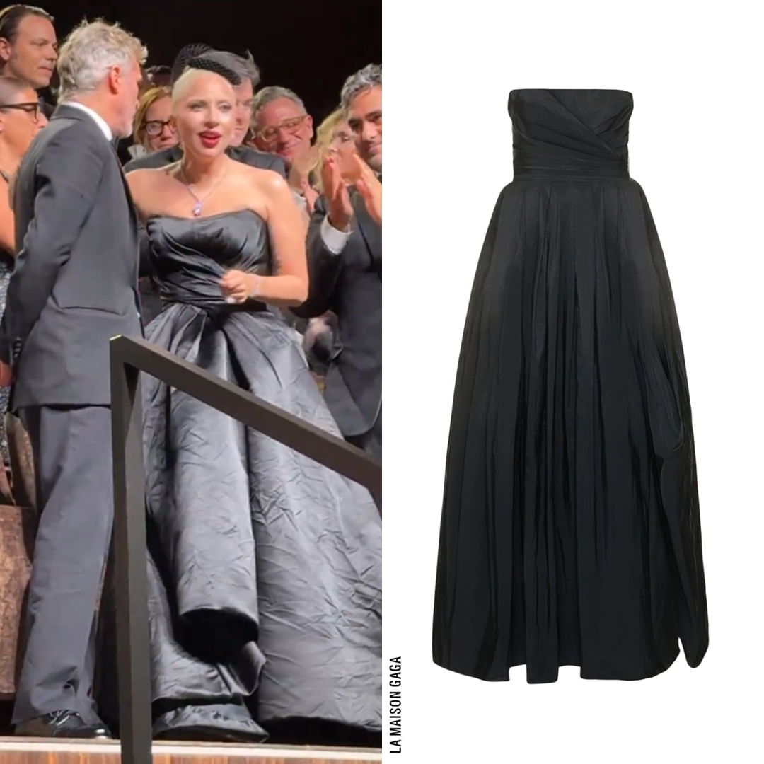 For the screening, Lady Gaga changed into a silk taffeta high-low gown with overcrossed bustier, custom-made for her by <a href="/Dior/">Dior</a>. The small beret with veil is custom <a href="/SJMillinery/">Stephen Jones</a>.