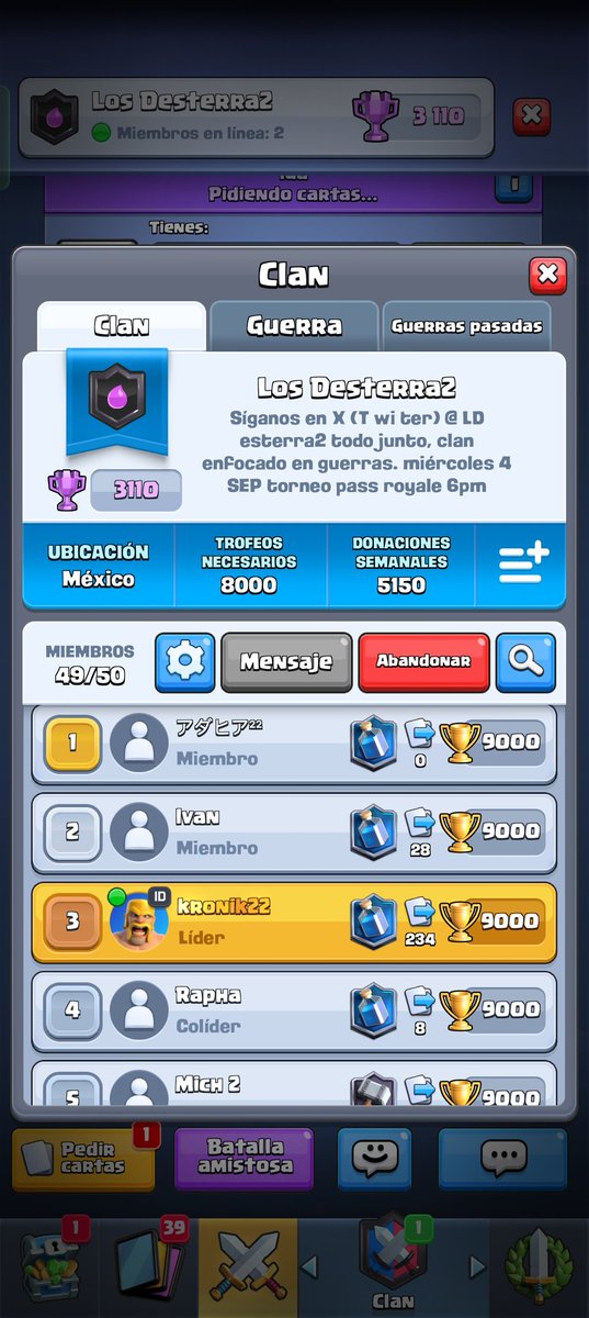 Tendremos un torneo El día de hoy 3 septiembre alas 6pm-10pm hora CDMX 
Los del clan, el ganador tendrán derecho a ganar un pase royale 
Pero todos son bienvenidos a participar 
<a href="/ClashRoyale/">Clash Royale</a> <a href="/ClashRoyaleES/">Clash Royale ES</a>