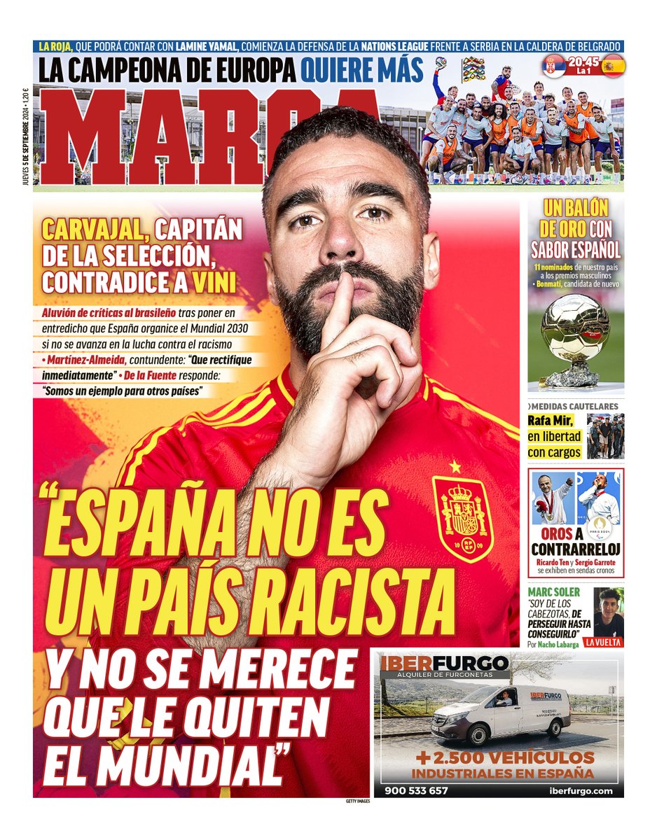 #LaPortada 🗞️

🗣️ <a href="/DaniCarvajal92/">Dani Carvajal Ramos</a> responde a <a href="/vinijr/">Vini Jr.</a>: "España no es un país racista y no se merece que le quiten el Mundial"