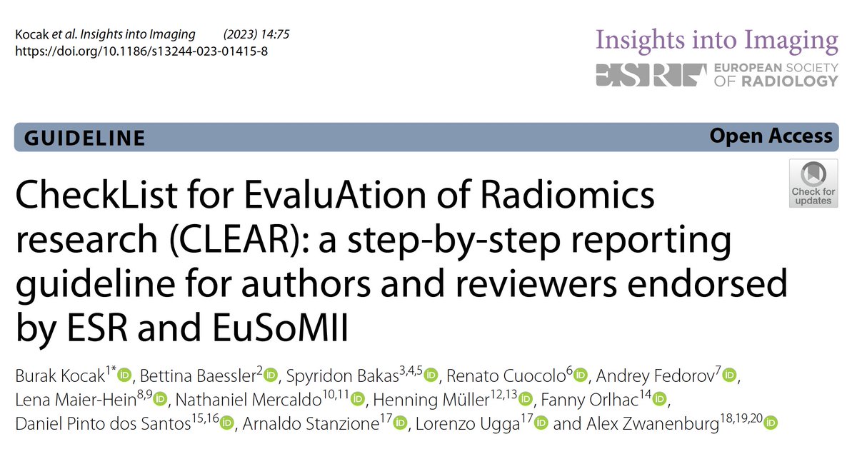T5. CLAIM could certainly help researchers to ensure high quality also in radiomics research

I’d recommend, however, the CheckList for EvaluAtion of Radiomics research (CLEAR), which is specifically tailored to radiomics <a href="/myESR/">myesr</a> <a href="/EuSoMII/">EuSoMII</a> #RadAIchat

doi.org/10.1186/s13244…
