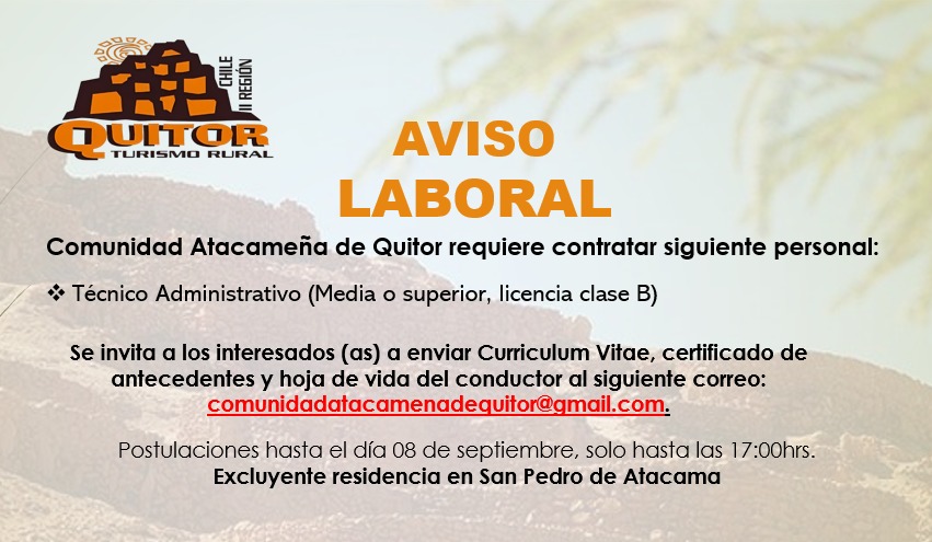 Aviso laboral comunidad Atacameña de QUITOR