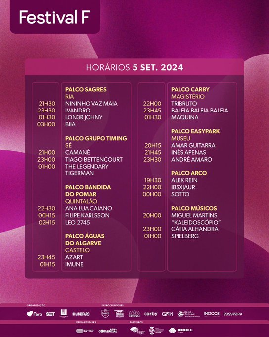 Horários do Festival F - 5 de setembro