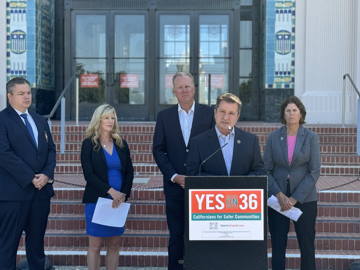 Kevin_Faulconer's tweet photo. Earlier today, I was joined by Jared Wilson of the San Diego Police Officers Association, Laurie Hauf of San Diegans Against Crime, Arkan Somo of the Neighborhood Market Association, and Shelley Zimmerman, former Chief of the San Diego Police Department. Together, we held a press conference denouncing @lawsonremer’s opposition to #Prop36. We need reforms to Prop 47, which has failed our communities.

@lawsonremer said, "We don’t need Prop 36." She couldn’t be more wrong. Her opposition shows just how out of touch she is with the communities she claims to represent. This November, let’s vote in #Prop36 and vote out @lawsonremer. @VoteYesProp36